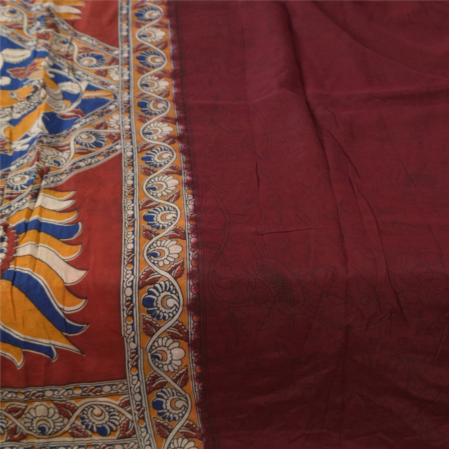 Sanskriti Vintage Sarees Red Kalamkari Handmade Pure Cotton Sari 5+yd Sustainable Fabric