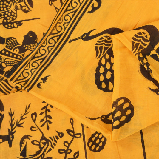 Сари Sanskriti Vintage Sarees Yellow Peacock Print Sari из чистого хлопка 5+ ярдов Craft Sustainable Fabric
