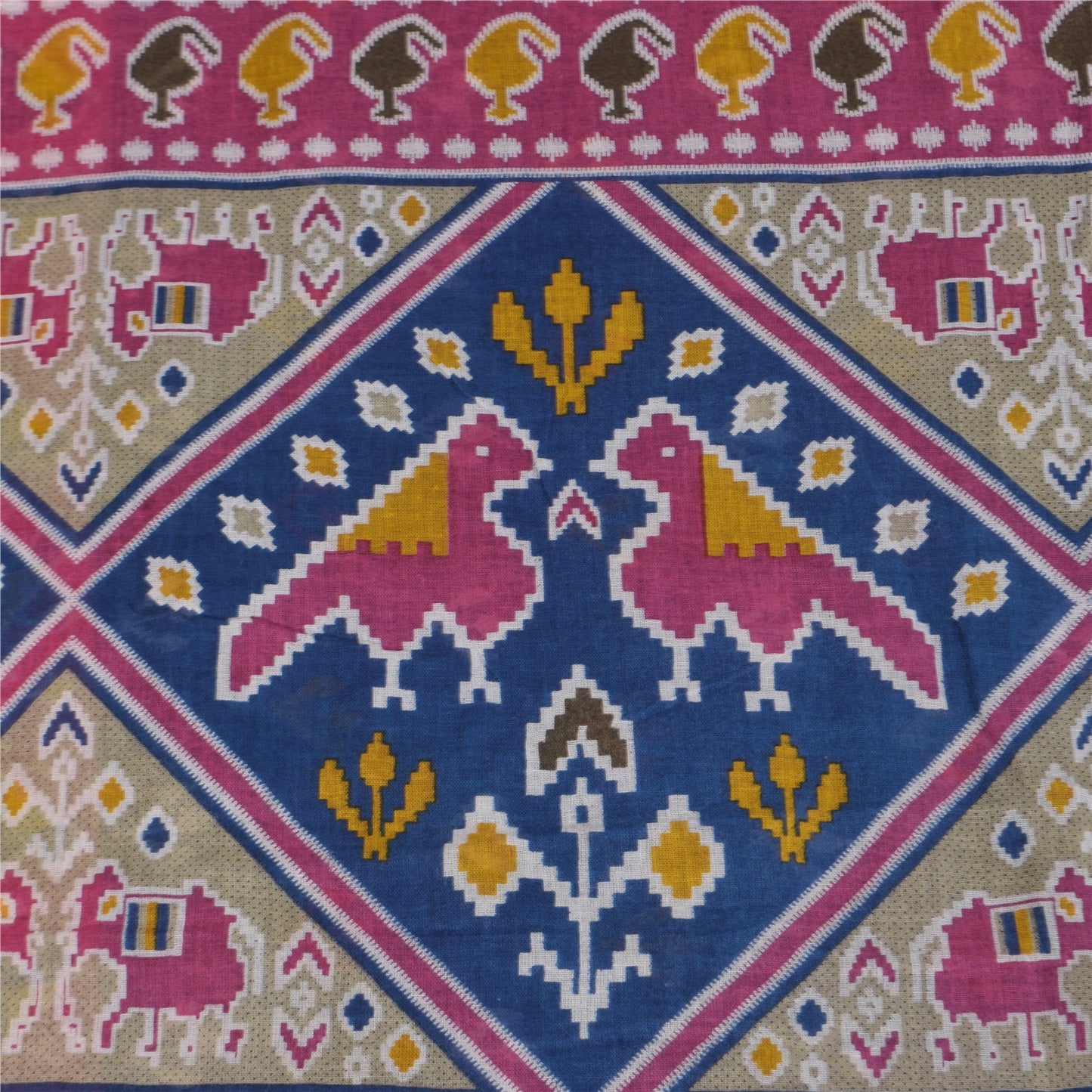 Sanskriti Vintage Sarier Blå Patan Patola Trykt Sari Ren Bomuld 5+ yards Bæredygtigt Stof