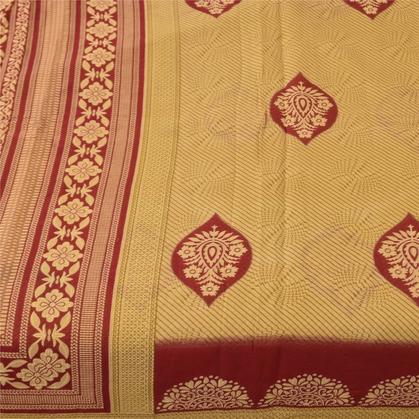 Sanskriti Vintage Sarees Pale Yellow/Red 100% Pure Cotton Print Sari 5+yd Sustainable Fabric
