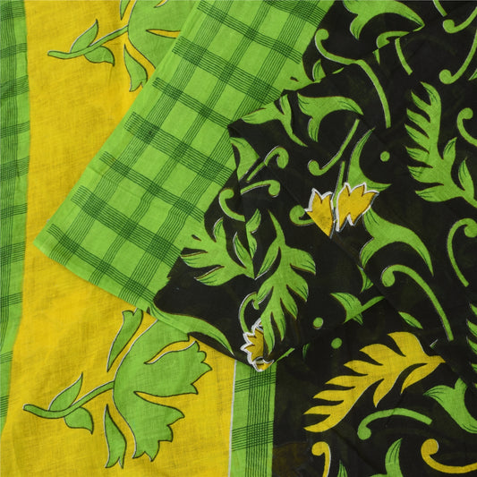 Sanskriti Vintage Sarees Black 100% Pure Cotton Printed Sari 5+yd Craft Sustainable Fabric