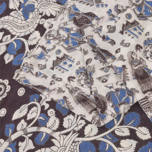 Sanskriti Vintage Sarees White Handmade Kalamkari Pure Cotton Sari 5+yd Sustainable Fabric