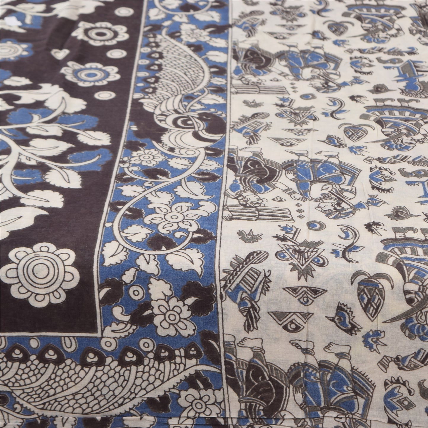 Sanskriti Vintage Sarees White Handmade Kalamkari Pure Cotton Sari 5+yd Sustainable Fabric