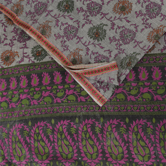 Sanskriti Vintage Sarees Indian Gray Pure Cotton Printed Sari 6+yd Craft Sustainable Fabric