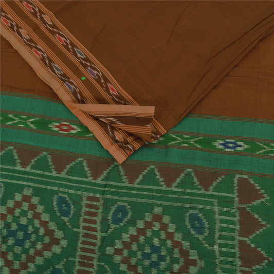 Sanskriti Vintage Sarees BrownIkat Handwoven Odisha BlendCotton Sari 7+yd Fabric