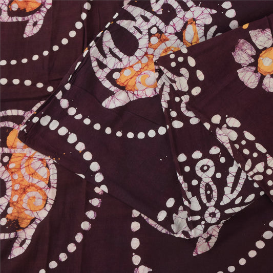 Sanskriti Vintage Sarees Peach/Purple Batik Work Pure Cotton Sari 5+yd Sustainable Fabric