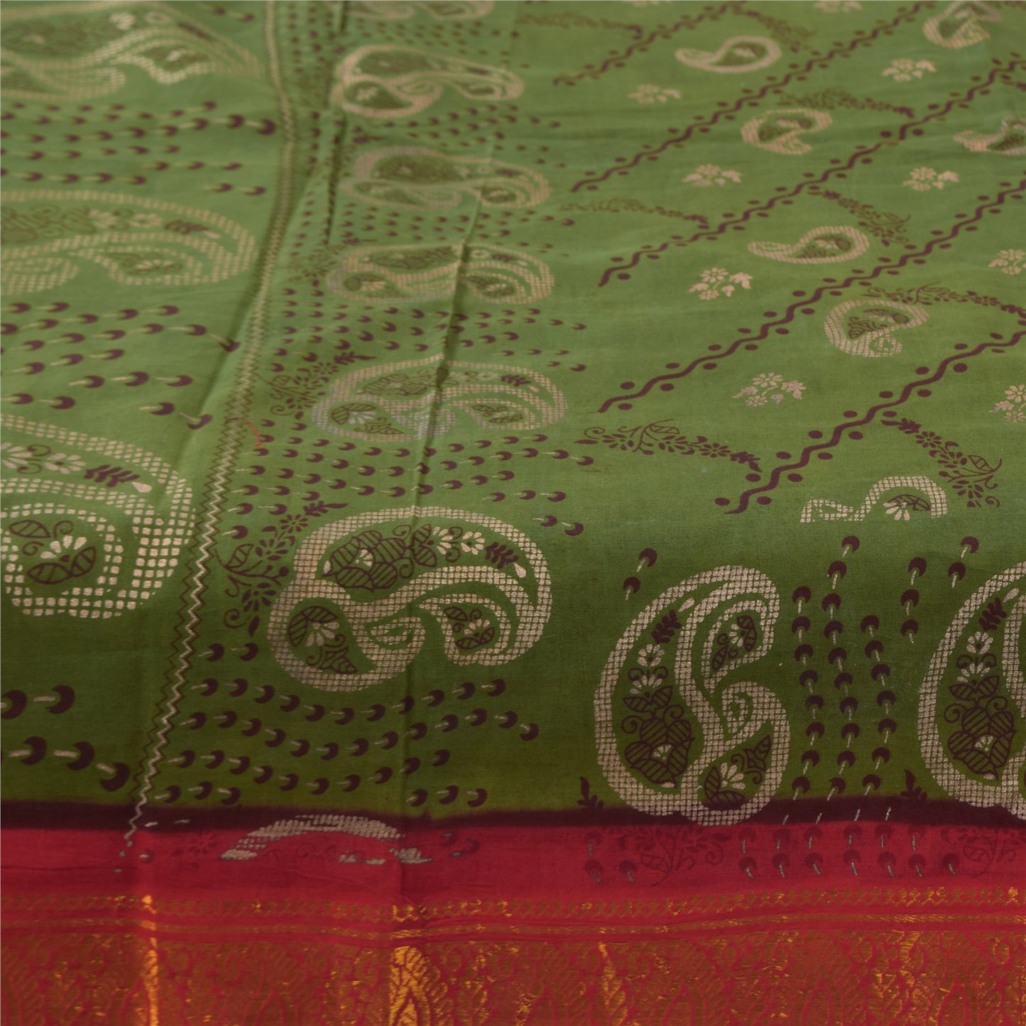Sanskriti Vintage Sarees Green Zari Border Pure Cotton Printed Sari 5+yd Sustainable Fabric