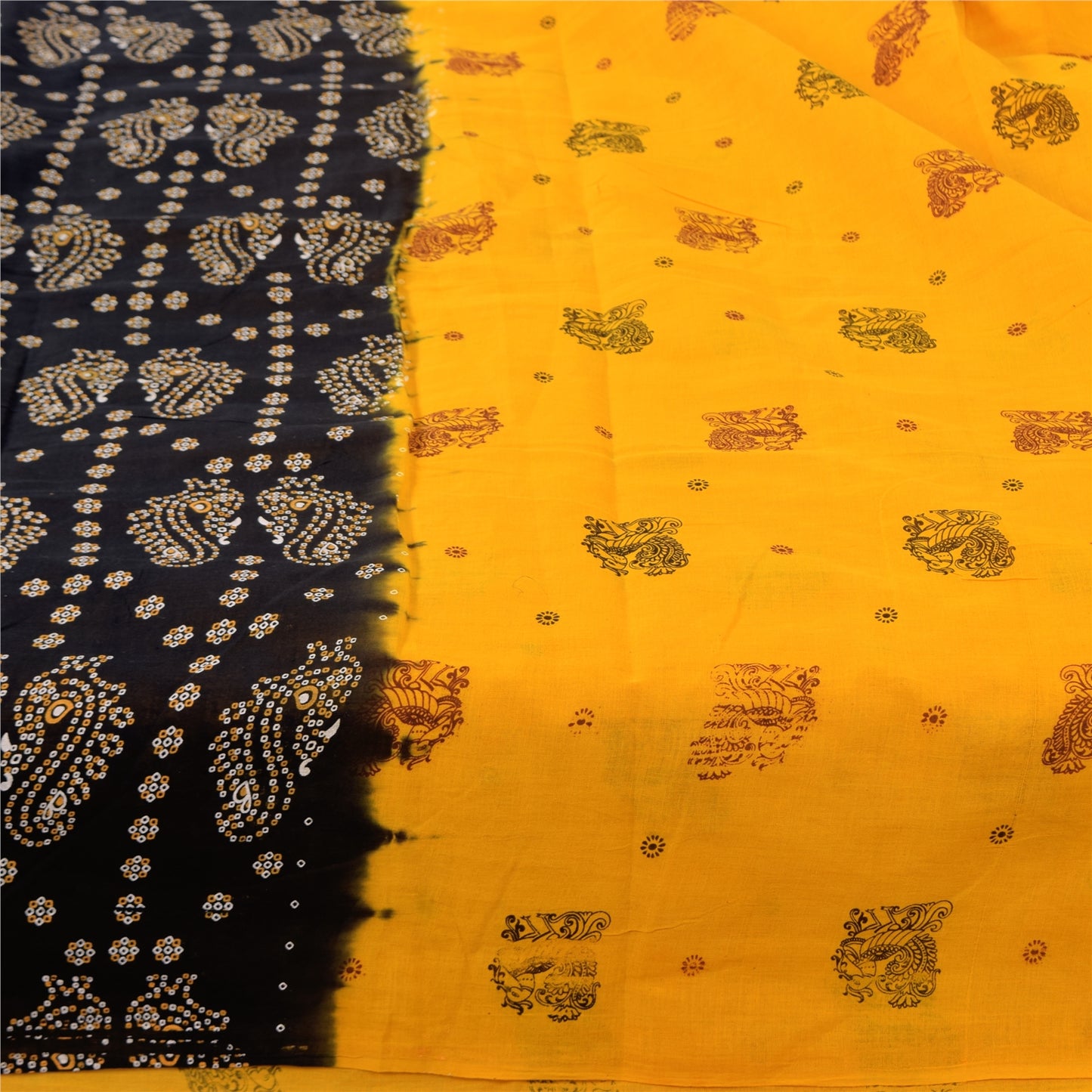 Sanskriti Vintage Sarees Yellow Hand Block Printed Pure Cotton Sari 6+yd Sustainable Fabric