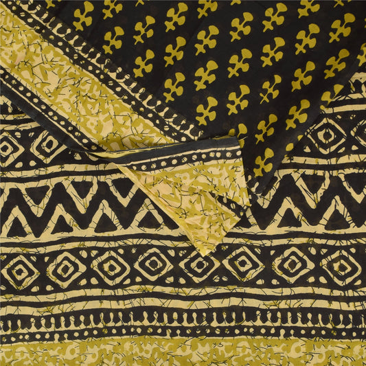 Sanskriti Vintage Sarees Black/Green Pure Cotton Batik Printed Sari 5+yd Sustainable Fabric