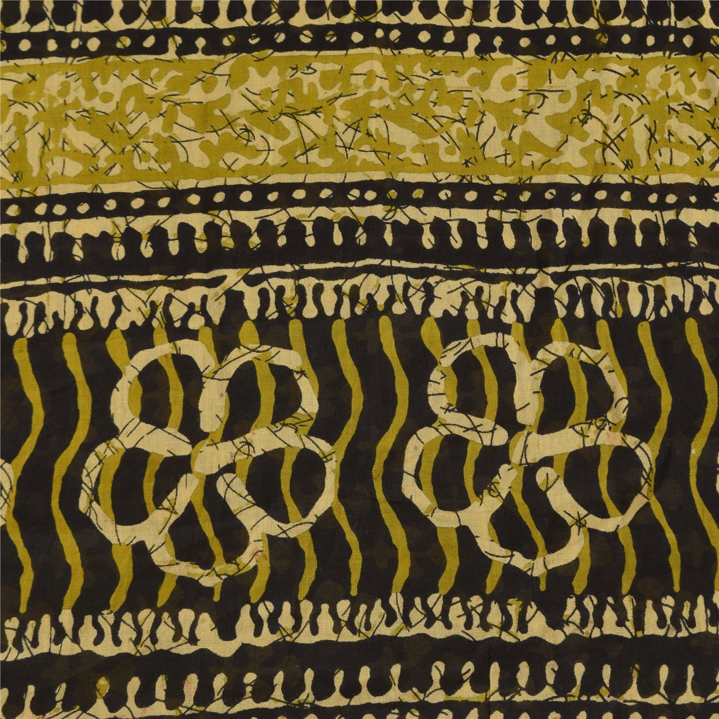 Sanskriti Vintage Sarees Black/Green Pure Cotton Batik Printed Sari 5+yd Sustainable Fabric