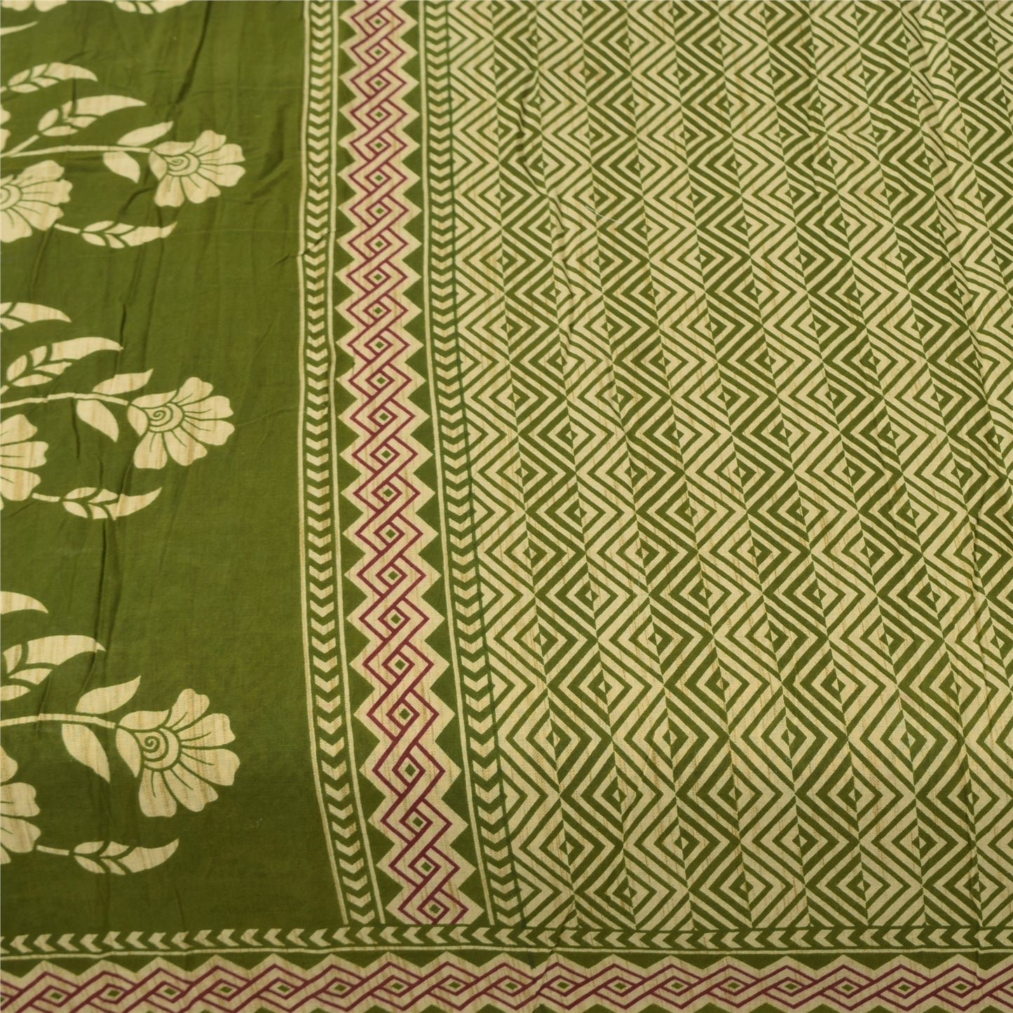 Sanskriti Vintage Sarees Grøn Indisk 100% Ren Bomuld Trykt Sari 5+ yards Bæredygtigt Stoff