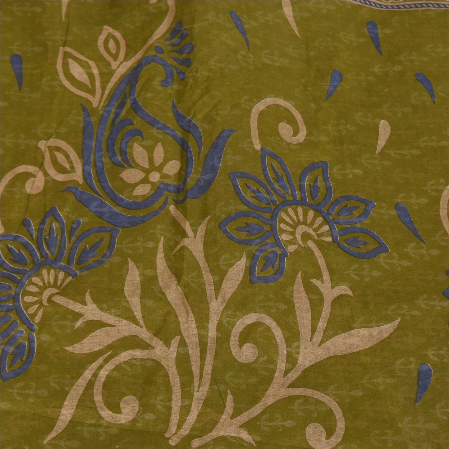 Sanskriti Vintage Sarees Green Pure Cotton Block Printed Sari 5+yd Craft Sustainable Fabric