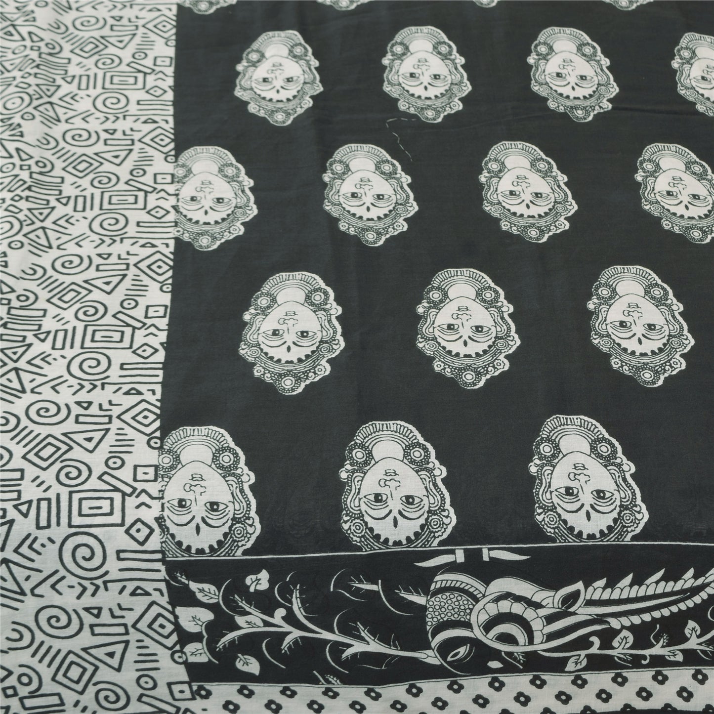 Sanskriti Vintage Sarees Black Kalamkari Handmade Pure Cotton Print Sari Sustainable Fabric