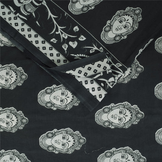 Sanskriti Vintage Sarees Black Kalamkari Handmade Pure Cotton Print Sari Sustainable Fabric