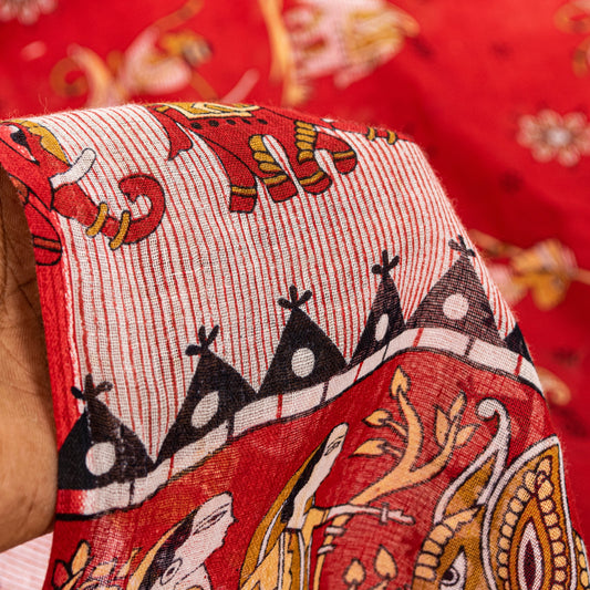 Sanskriti Vintage Sarees Red Pure Cotton Madhubani Style Printed 5+Yd Sari Craft Fabric