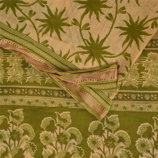 Sanskriti Vintage Sarees Cream/Green Pure Cotton Printed Sari 5+yd Craft Sustainable Fabric