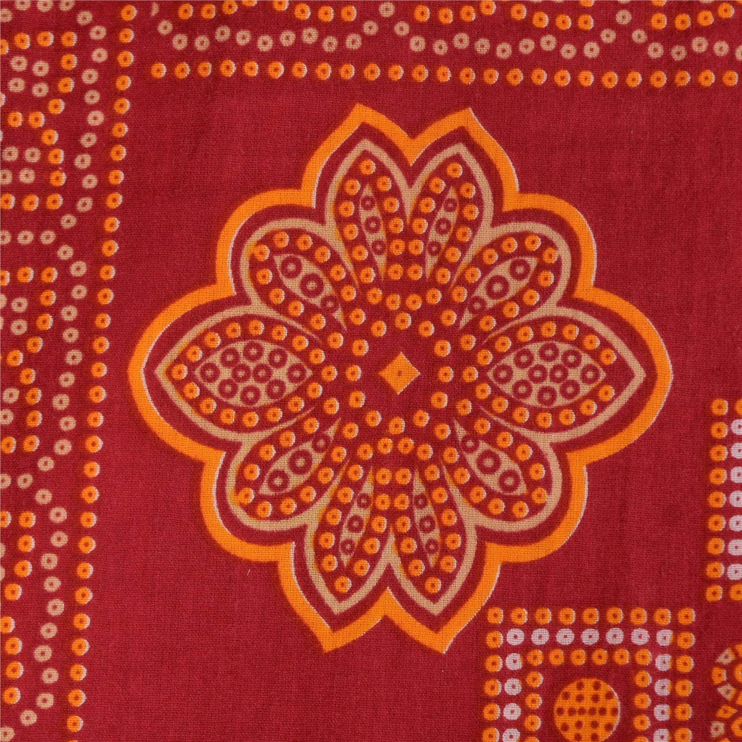 Sanskriti Vintage Sarees Red/Cream Bandhani Pure Cotton Printed Sari 5+yd Sustainable Fabric