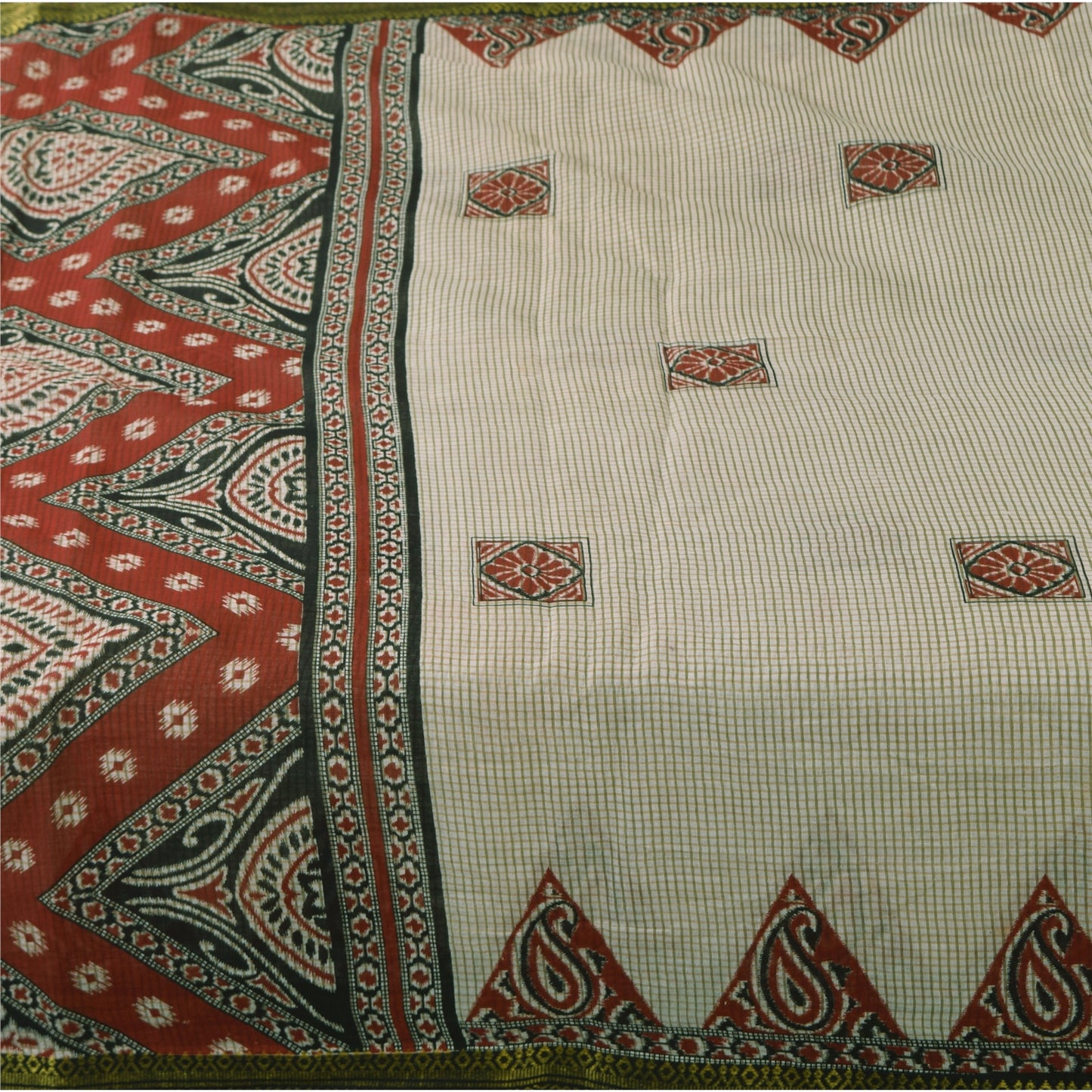 Sanskriti Vintage Sarier Elfenben 100% Ren Bomuld Trykt Sari 5+ yard Håndværk Bæredygtigt Stoff