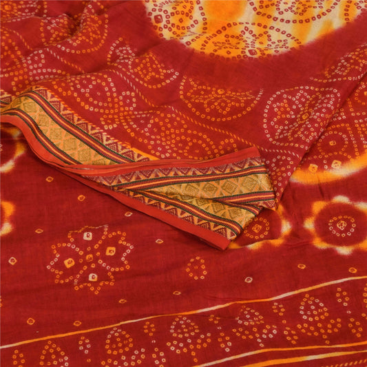 Sanskriti Vintage Sarees Red/Yellow Bandhani Pure Cotton Print Sari 5+yd Sustainable Fabric