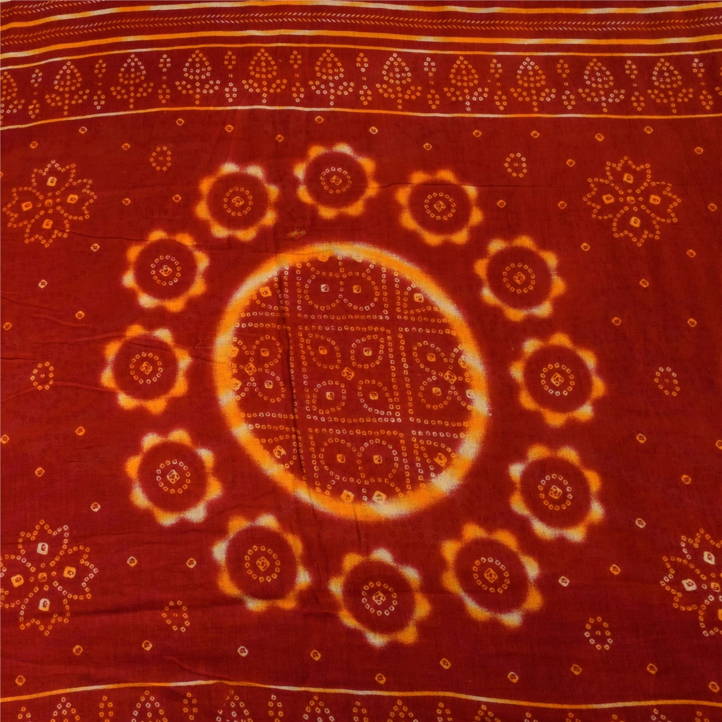 Sanskriti Vintage Sarees Red/Yellow Bandhani Pure Cotton Print Sari 5+yd Sustainable Fabric