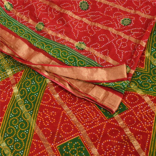 Sanskriti Vintage Sarees Red Bandhani Print Woven Pure Cotton Sari 5+yd Sustainable Fabric