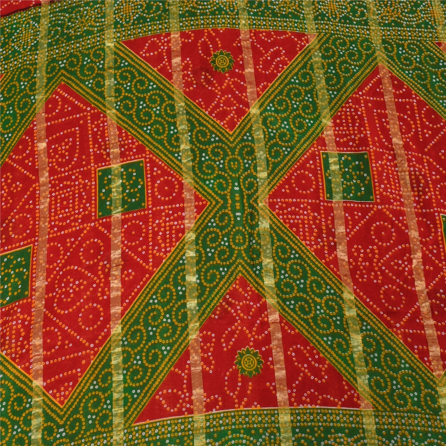 Sanskriti Vintage Sarees Red Bandhani Print Woven Pure Cotton Sari 5+yd Sustainable Fabric