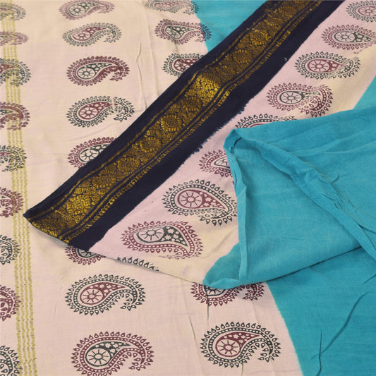 Sanskriti Vintage Sarees Blue Pure Cotton Hand Block Printed Sari 5+yd Sustainable Fabric