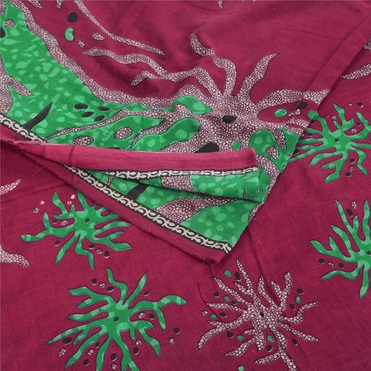 Sanskriti Vintage Sarees Red/Green Pure Cotton Printed Sari 5+yd Craft Sustainable Fabric