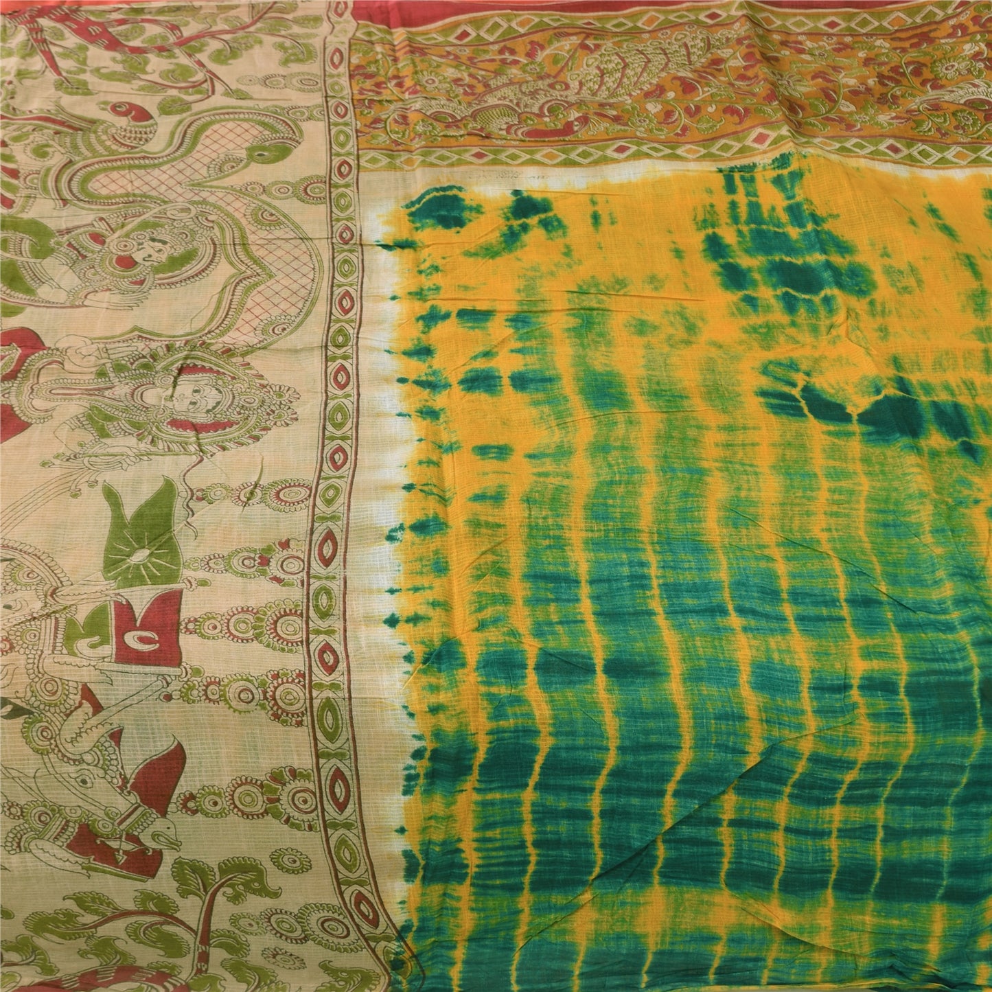 Sanskriti Vintage Sarees Pure Cotton Block Print Kalamkari/Tie-Dye Sari Sustainable Fabric