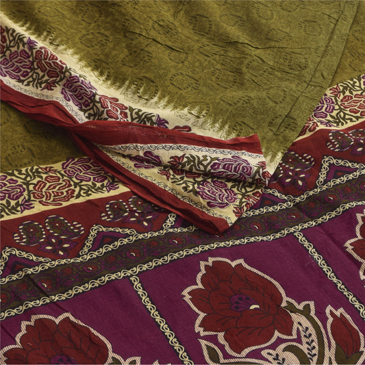 Sanskriti Vintage Sarees Indian Green Pure Cotton Printed Sari 5+yd Craft Sustainable Fabric