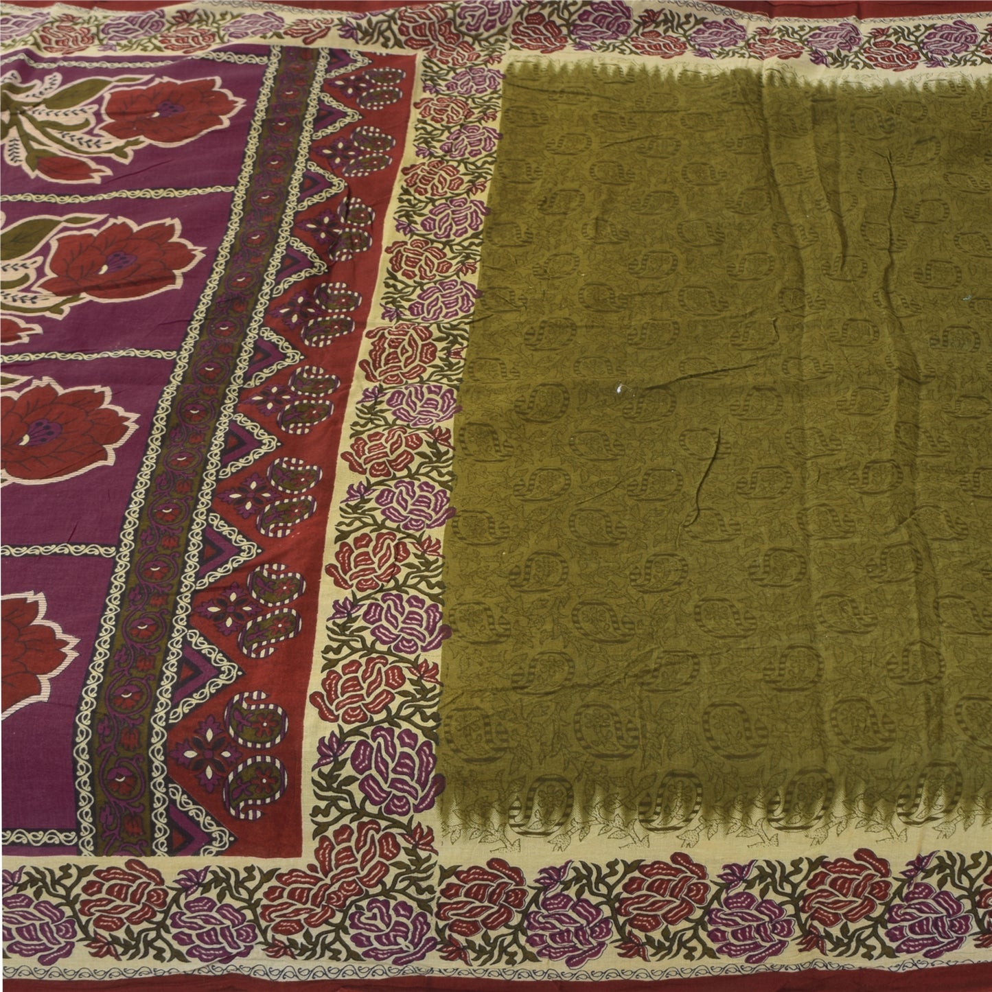 Sanskriti Vintage Sarees Indian Green Pure Cotton Printed Sari 5+yd Craft Sustainable Fabric