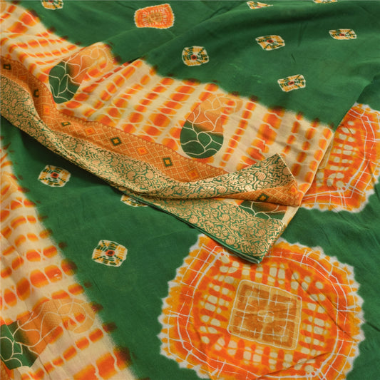 Sanskriti Vintage Sarees Green Bandhani Pure Cotton Printed Sari Craft Sustainable Fabric