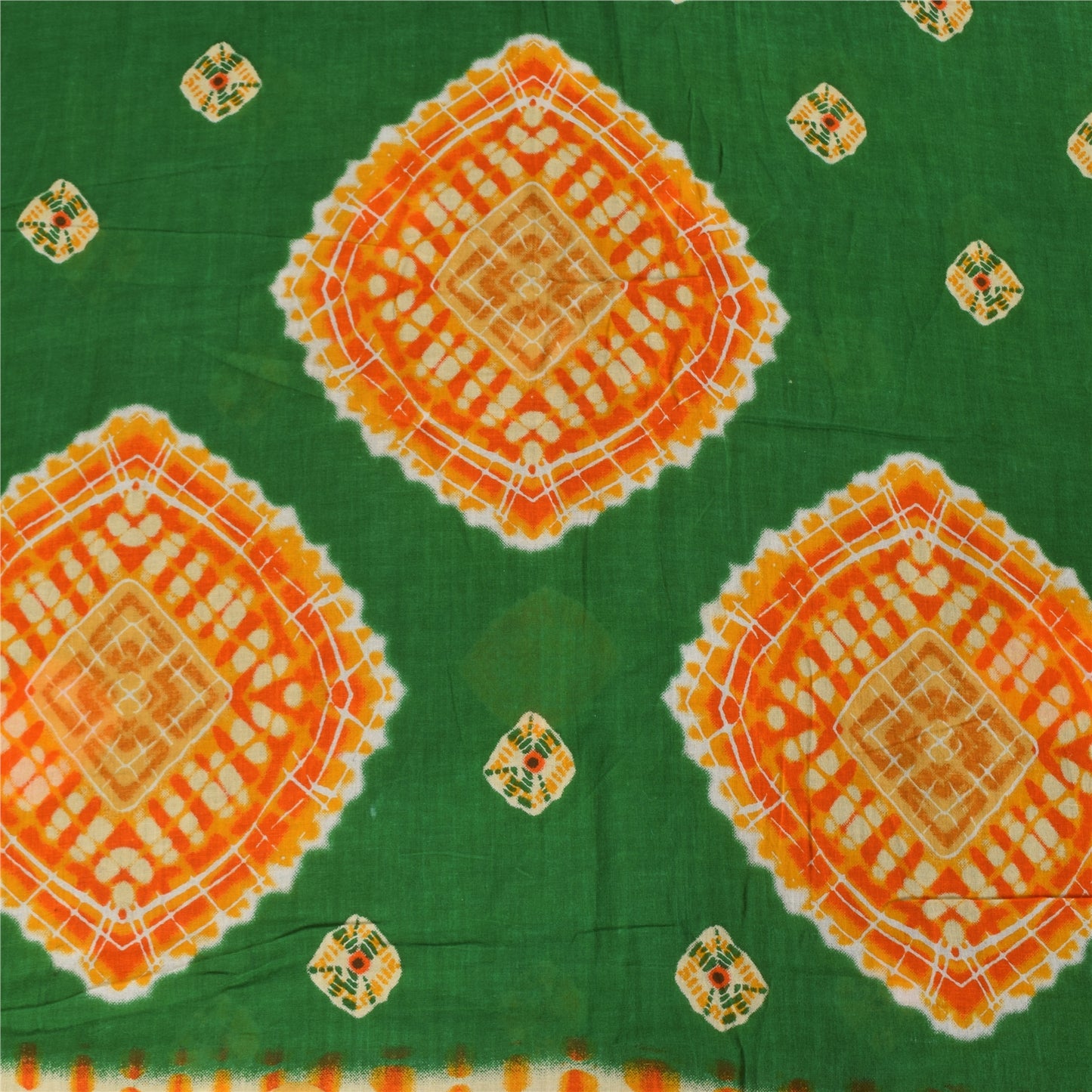Sanskriti Vintage Sarees Green Bandhani Pure Cotton Printed Sari Craft Sustainable Fabric