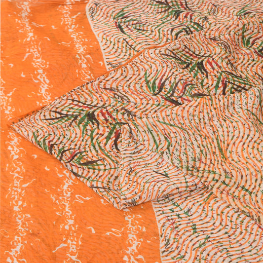 Sanskriti Vintage Sarees Indian Cream Pure Cotton Printed Sari 5+yd Craft Sustainable Fabric