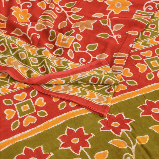 Sanskriti Vintage Sarees Indian Red Pure Cotton Printed Sari 5+yd Craft Sustainable Fabric