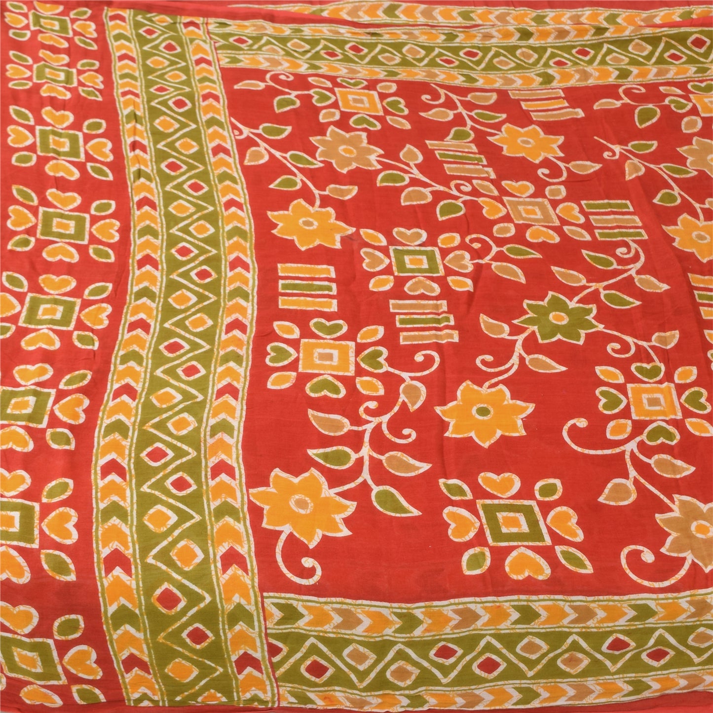 Sanskriti Vintage Sarees Indian Red Pure Cotton Printed Sari 5+yd Craft Sustainable Fabric