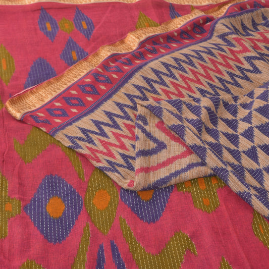 Sanskriti Vintage Sarees Indian Cream Pure Cotton Printed Sari 5+yd Craft Fabric