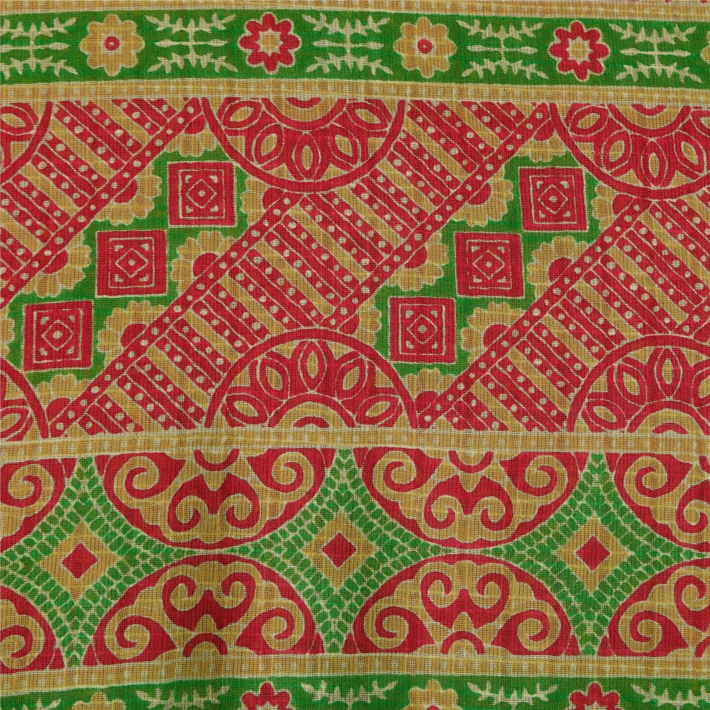 Sanskriti Vintage Sarees Red Bandhani Pure Cotton Printed Sari 5+yd Craft Sustainable Fabric