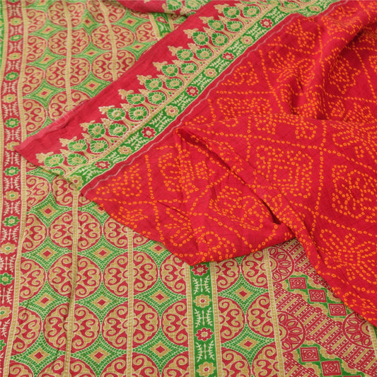 Sanskriti Vintage Sarees Red Bandhani Pure Cotton Printed Sari 5+yd Craft Sustainable Fabric