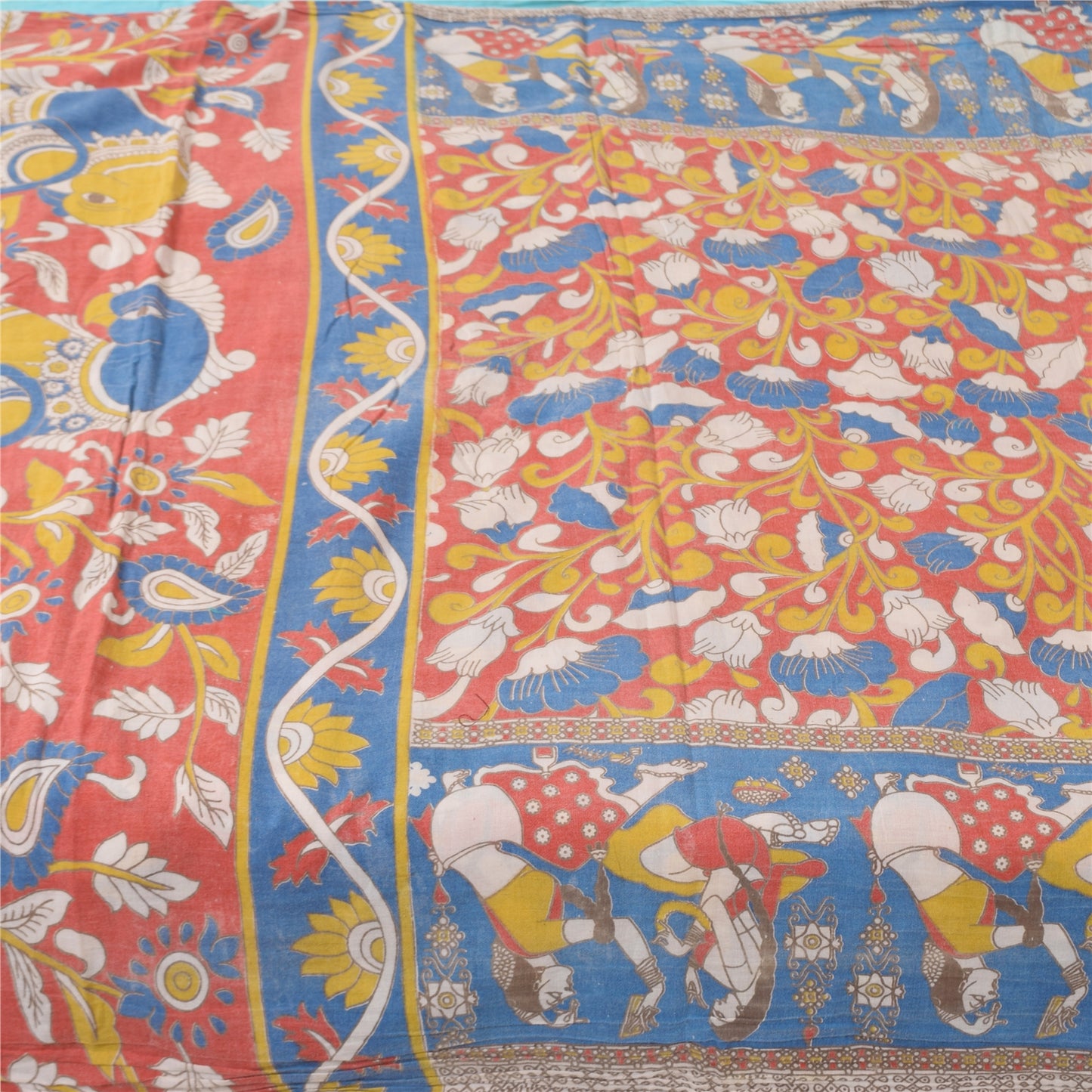 Sanskriti Vintage Sarees Pure Cotton Red Handmade Kalmakari Printed Sari Sustainable Fabric