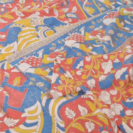 Sanskriti Vintage Sarees Pure Cotton Red Handmade Kalmakari Printed Sari Sustainable Fabric