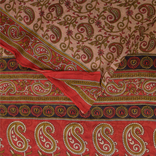 Сари Sanskriti Vintage, сари цвета слоновой кости/красного цвета из чистого хлопка с принтом, 5+ ярдов, ткань для рукоделия из экологически чистой ткани