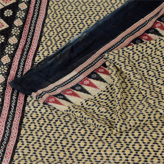 Sanskriti Vintage Sarees Indian Cream Pure Cotton Printed Sari 5+yd Craft Sustainable Fabric