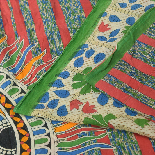 Sanskriti Vintage Sarees Indian Ivory Pure Cotton Printed Sari 5+yd Craft Sustainable Fabric