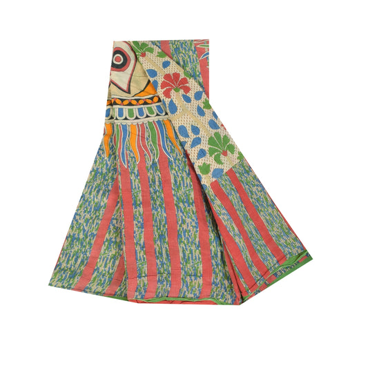 Sanskriti Vintage Off-White Soft Pure Cotton Saree Sun Printed Sari 5+yd Craft Sustainable Fabric