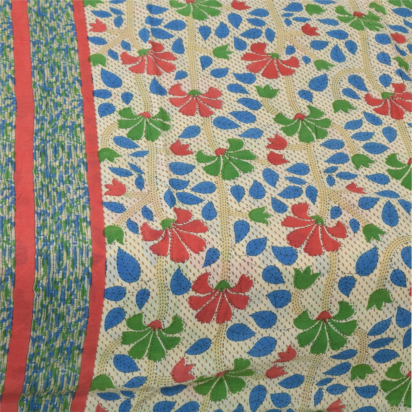 Sanskriti Vintage Sarees Indian Ivory Pure Cotton Printed Sari 5+yd Craft Sustainable Fabric