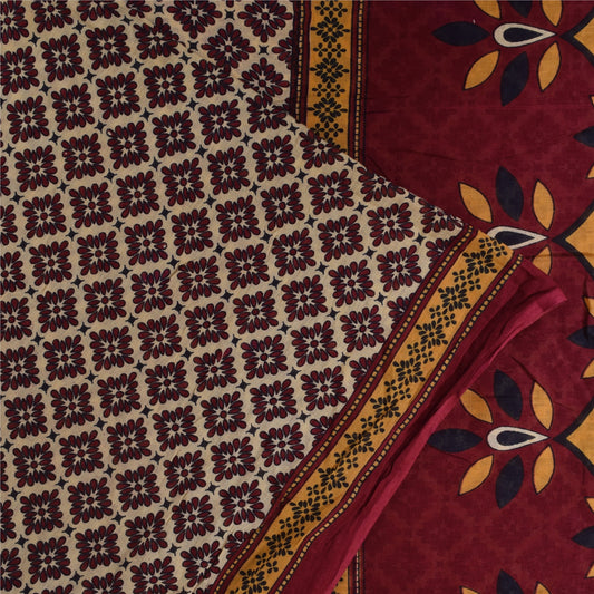 Sanskriti Vintage Sarees Indian Ivory Pure Cotton Printed Sari 5+yd Craft Sustainable Fabric