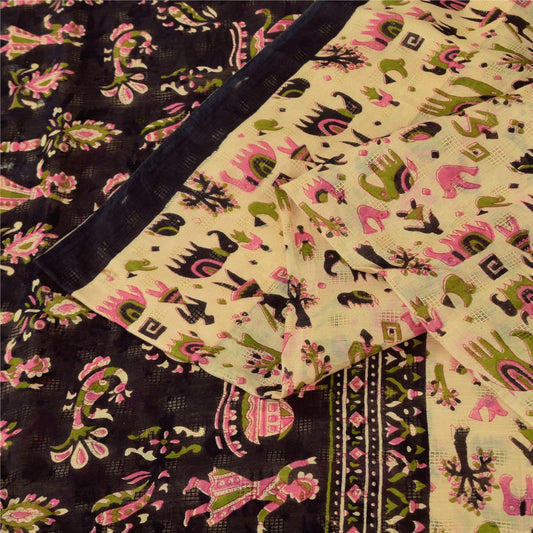 Sanskriti Vintage Sarees Ivory Pure Cotton Animal Human Printed Sari 5+yd Sustainable Fabric