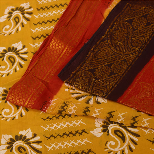 Sanskriti Vintage Sarees Yellow/Red Pure Cotton Printed Sari 5+yd Craft Sustainable Fabric