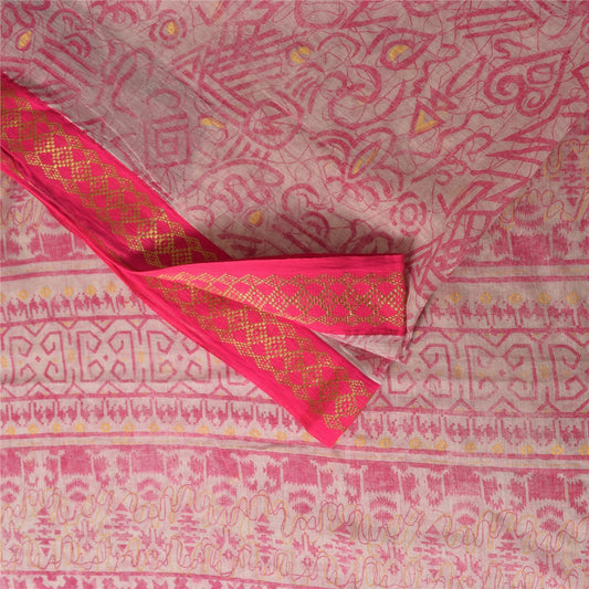 Sanskriti Vintage Sarees Pink/White Pure Cotton Printed Sari 5+yd Craft Sustainable Fabric